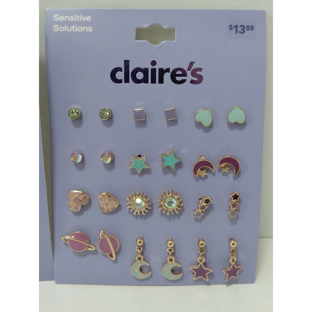 Claires Sensitive Solutions Earring Set 24 Pairs Celestial Stars Moon Rhinestone